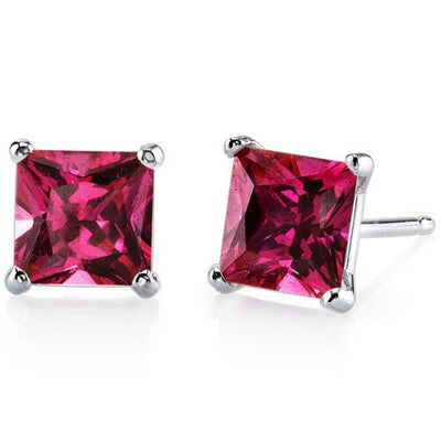 Ruby Stud Earrings 14 Karat White Gold Princess Cut 3 Carats