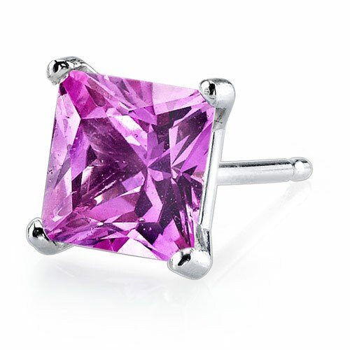 Pink Sapphire Stud Earrings 14 Kt White Gold Princess 3 Carats