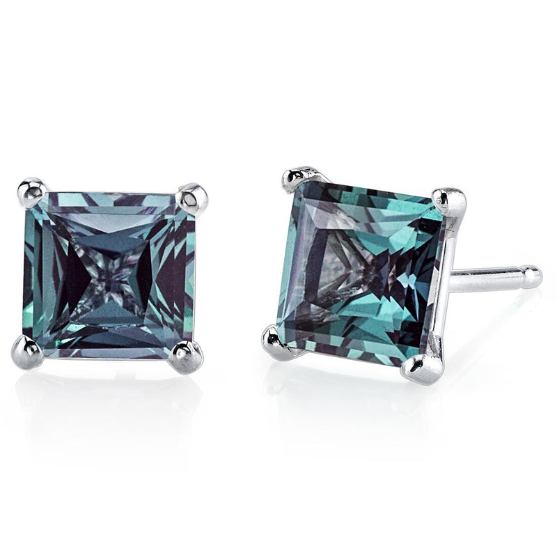 Alexandrite Stud Earrings 14 Kt White Gold Princess 2.50 Carats