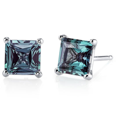 Alexandrite Princess Shape Stud Earrings and Pendant 14K White Gold 5.5 ctw Gift Set