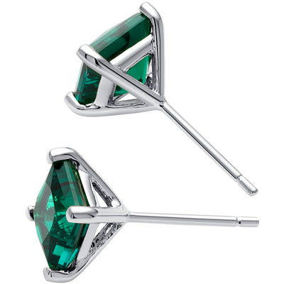 Emerald Stud Earrings 14 Kt White Gold Princess Cut 2 Carats