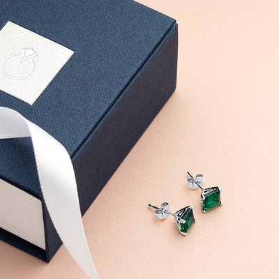 Emerald Stud Earrings 14 Kt White Gold Princess Cut 2 Carats