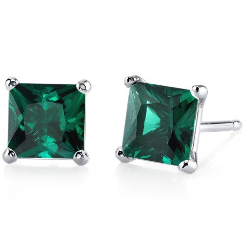 Emerald Stud Earrings 14 Kt White Gold Princess Cut 2 Carats