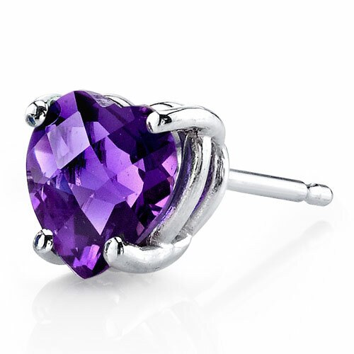 Amethyst Stud Earrings 14 Kt White Gold Heart Shape 1.5 Carats