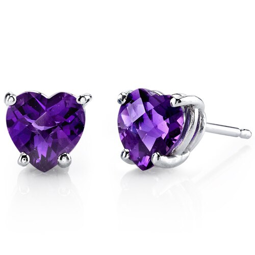 Amethyst Stud Earrings 14 Kt White Gold Heart Shape 1.5 Carats