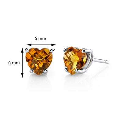 Citrine Stud Earrings 14 Kt White Gold Heart Shape 1.5 Carats