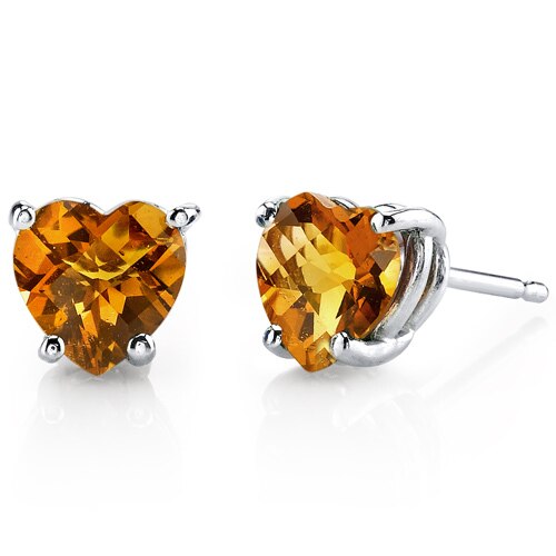 Citrine Stud Earrings 14 Kt White Gold Heart Shape 1.5 Carats