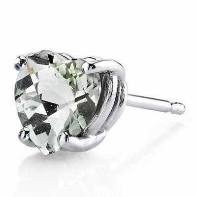 Green Amethyst Stud Earrings 14 Kt White Gold Heart 1.5 Carats