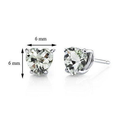 Green Amethyst Stud Earrings 14 Kt White Gold Heart 1.5 Carats