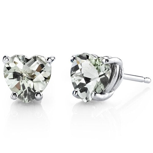 Green Amethyst Stud Earrings 14 Kt White Gold Heart 1.5 Carats