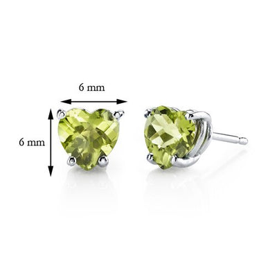 Peridot Stud Earrings 14 Kt White Gold Heart Shape 1.75 Carats