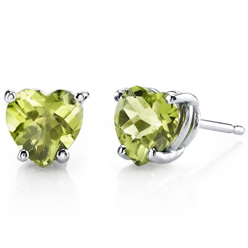 Peridot Stud Earrings 14 Kt White Gold Heart Shape 1.75 Carats