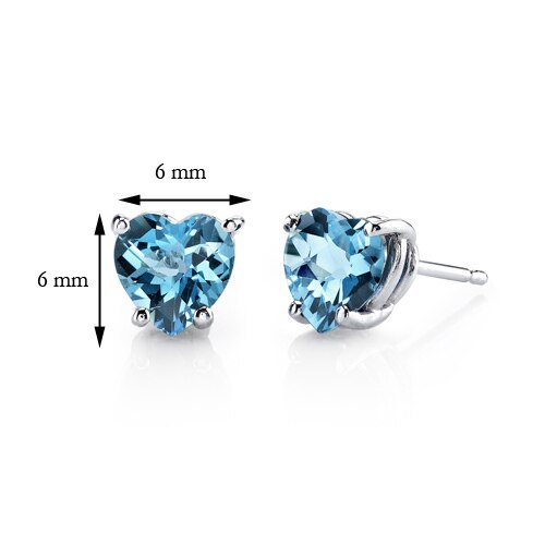 Swiss Blue Topaz Stud Earrings 14 Kt White Gold Heart Shape