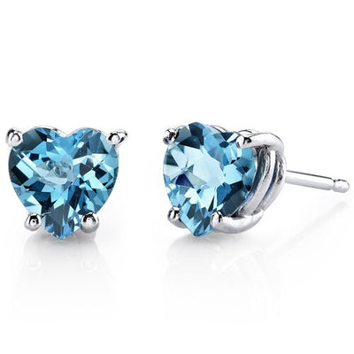 Swiss Blue Topaz Stud Earrings 14 Kt White Gold Heart Shape