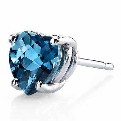 London Blue Topaz Stud Earrings 14 Karat White Gold Heart Shape