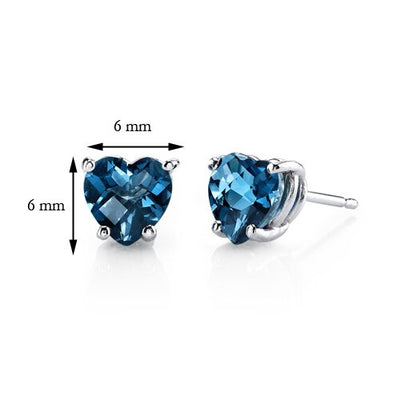 London Blue Topaz Stud Earrings 14 Karat White Gold Heart Shape