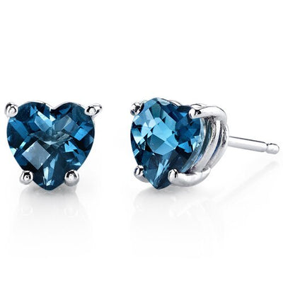 London Blue Topaz Stud Earrings 14 Karat White Gold Heart Shape