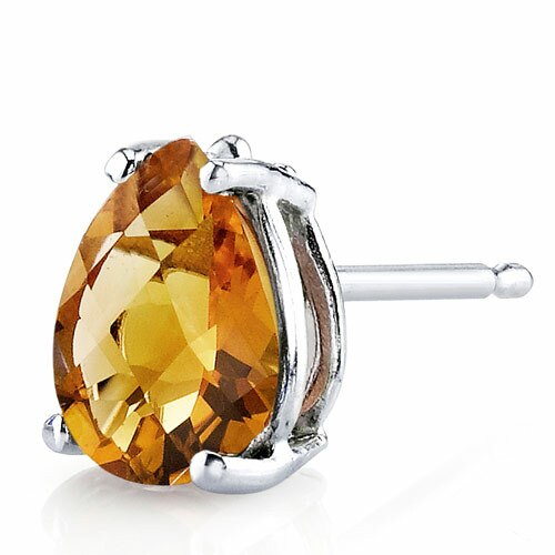 Citrine Stud Earrings 14 Karat White Gold Pear Shape 1.25 Carat