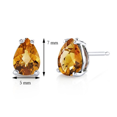 Citrine Stud Earrings 14 Karat White Gold Pear Shape 1.25 Carat