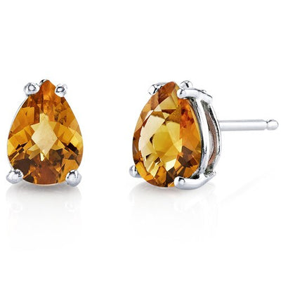 Citrine Stud Earrings 14 Karat White Gold Pear Shape 1.25 Carat