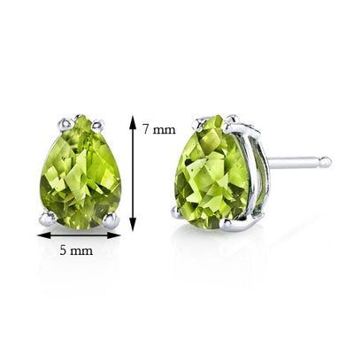 Peridot Stud Earrings 14 Karat White Gold Pear Shape 1.5 Carats