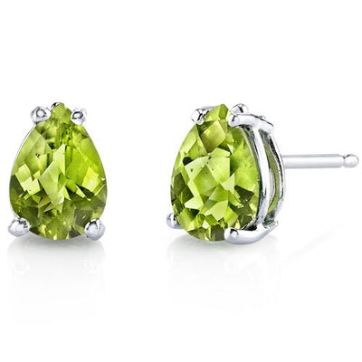 Peridot Stud Earrings 14 Karat White Gold Pear Shape 1.5 Carats