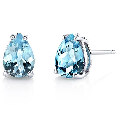 Swiss Blue Topaz Stud Earrings 14 Karat White Gold Pear Shape