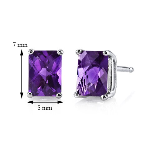 Amethyst Stud Earrings 14 Kt White Gold Radiant Cut 1.75 Carats