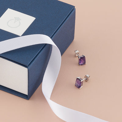 Amethyst Stud Earrings 14 Kt White Gold Radiant Cut 1.75 Carats