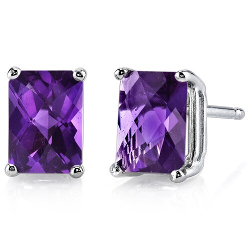 Amethyst Stud Earrings 14 Kt White Gold Radiant Cut 1.75 Carats