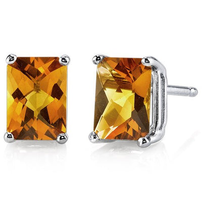 Citrine Stud Earrings 14 Kt White Gold Radiant Cut 1.75 Carat