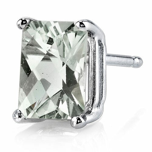 Green Amethyst Stud Earrings 14 Karat White Gold Radiant Cut