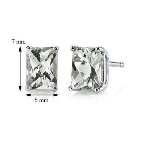 Green Amethyst Stud Earrings 14 Karat White Gold Radiant Cut