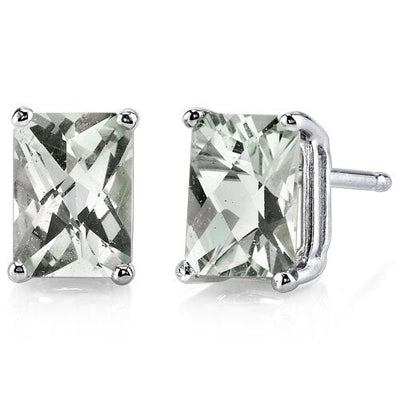 Green Amethyst Stud Earrings 14 Karat White Gold Radiant Cut