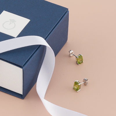 Peridot Stud Earrings 14 Karat White Gold Radiant Cut 2 Carats