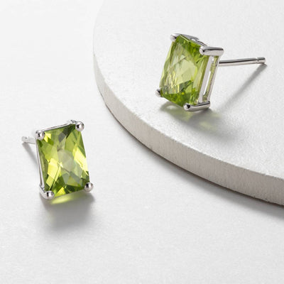 Peridot Stud Earrings 14 Karat White Gold Radiant Cut 2 Carats