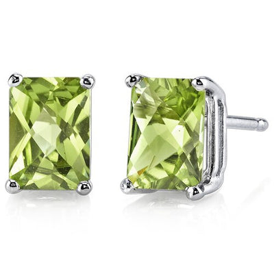 Peridot Stud Earrings 14 Karat White Gold Radiant Cut 2 Carats