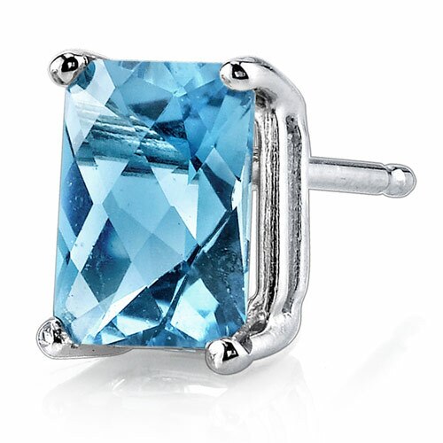 Swiss Blue Topaz Stud Earrings 14 Karat White Gold Radiant Cut