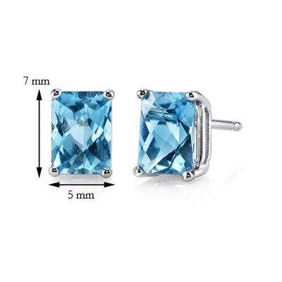 Swiss Blue Topaz Stud Earrings 14 Karat White Gold Radiant Cut