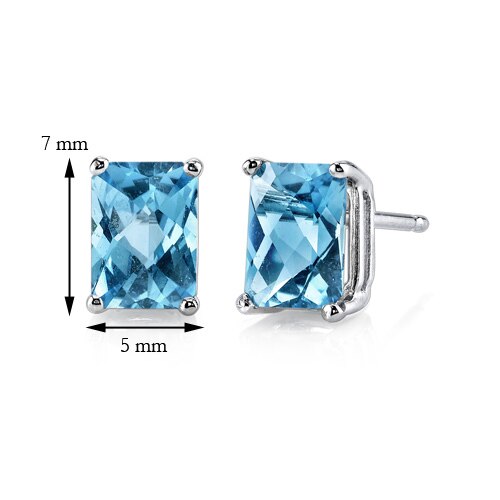 Swiss Blue Topaz Stud Earrings 14 Karat White Gold Radiant Cut