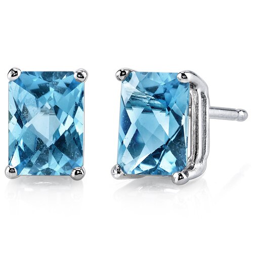 Swiss Blue Topaz Stud Earrings 14 Karat White Gold Radiant Cut