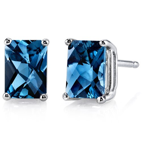 London Blue Topaz Stud Earrings 14 Karat White Gold Radiant Cut