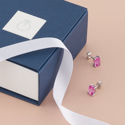 Pink Sapphire Stud Earrings 14 Karat White Gold Radiant Cut