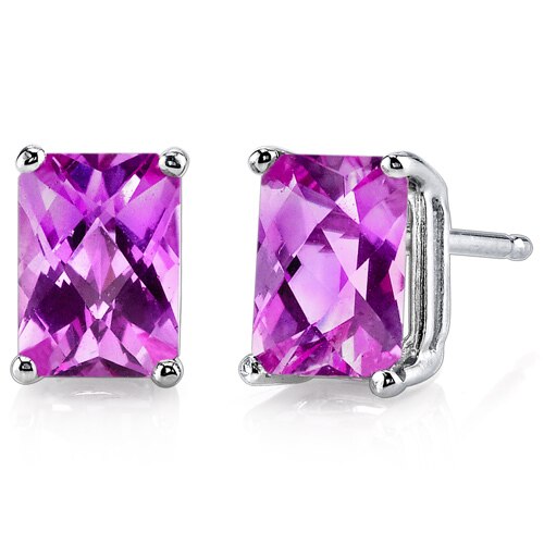 Pink Sapphire Stud Earrings 14 Karat White Gold Radiant Cut