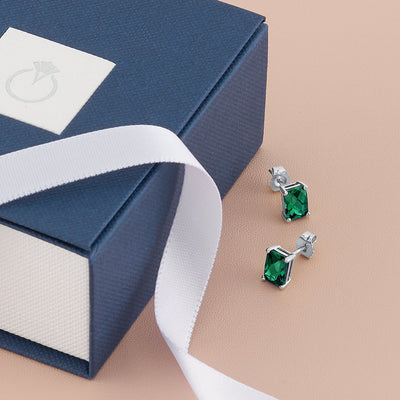 Emerald Stud Earrings 14 Kt White Gold Radiant Cut 1.75 Carats