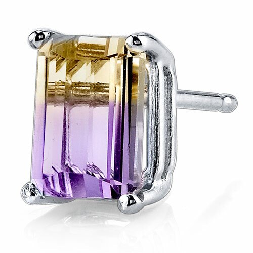 Ametrine Stud Earrings 14 Kt White Gold Emerald Shape 2 Carats