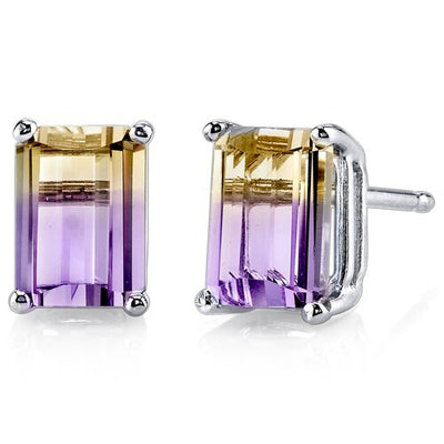 Ametrine Stud Earrings 14 Kt White Gold Emerald Shape 2 Carats