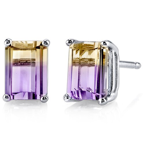 Ametrine Stud Earrings 14 Kt White Gold Emerald Shape 2 Carats