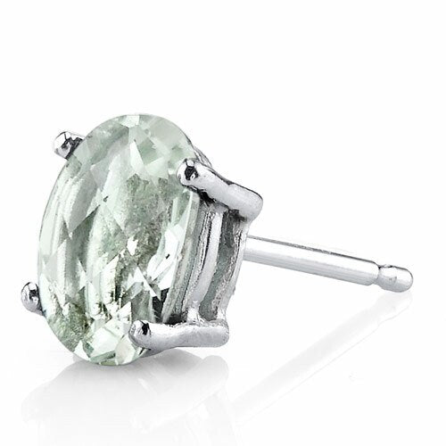 Green Amethyst Stud Earrings 14 Kt White Gold Oval 1.5 Carats