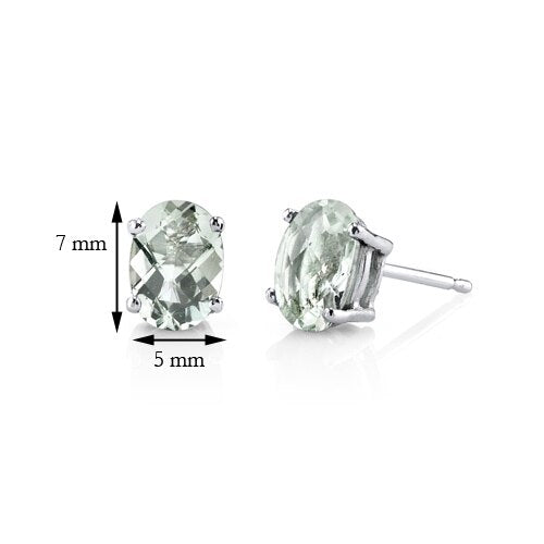 Green Amethyst Stud Earrings 14 Kt White Gold Oval 1.5 Carats